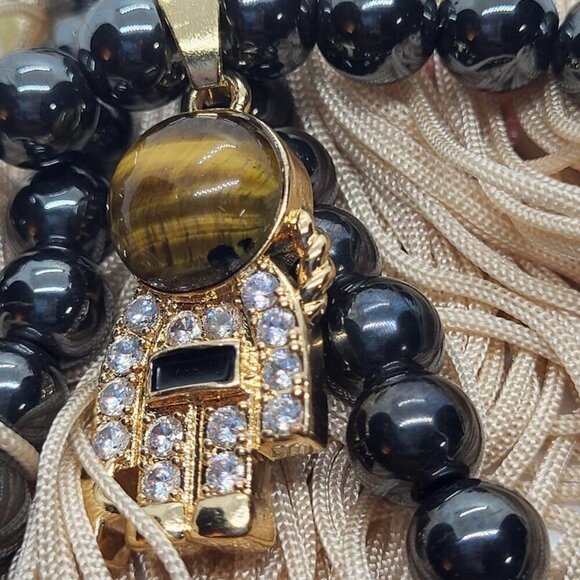 New, Yellow Tigers-eye and Simulated-Diamond Spaceman Pendent, 20 Inches - Picture 8 of 9